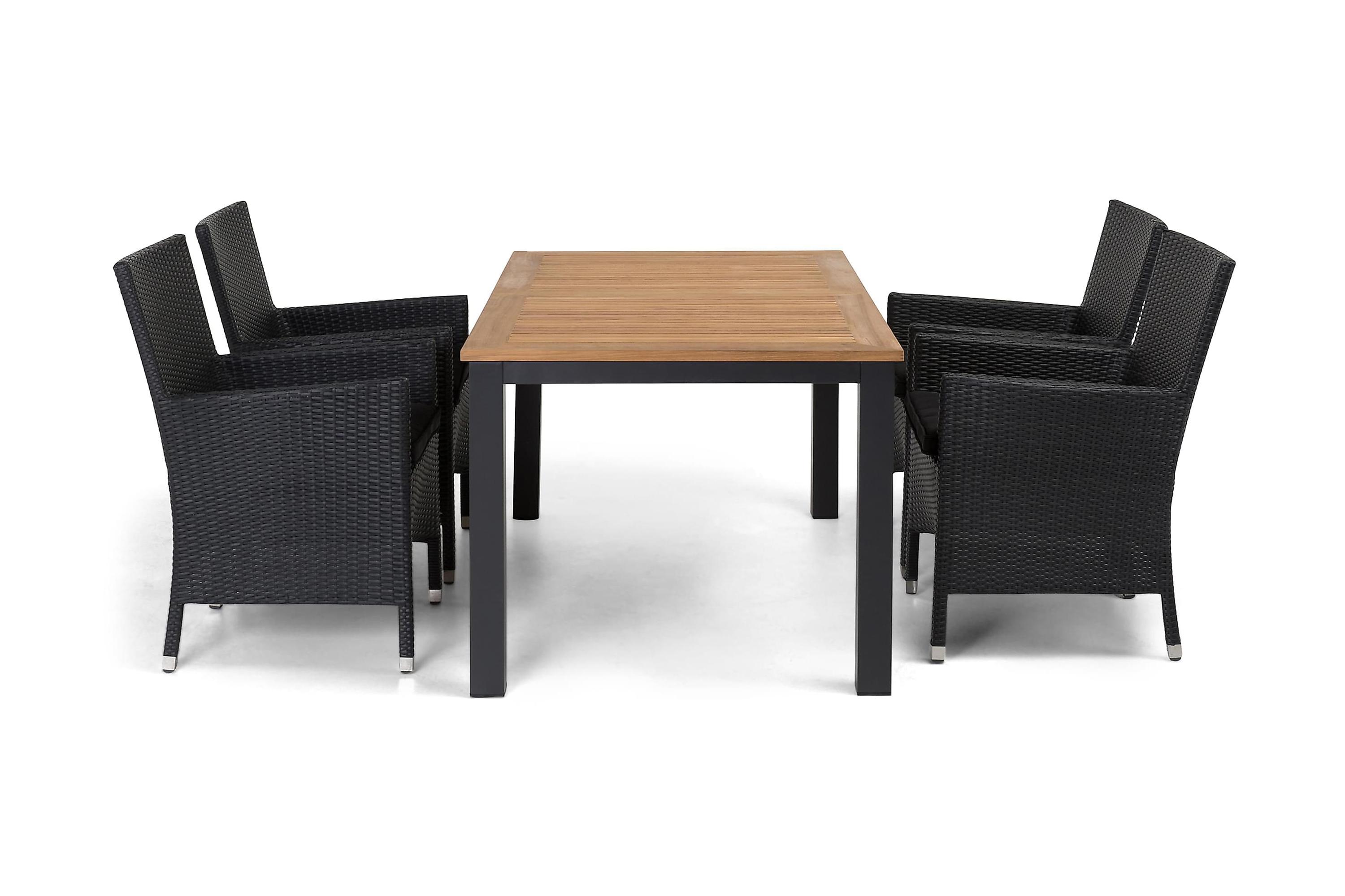 las vegas bord 152-210 svart/teak + 4 thor fåtölj svart -