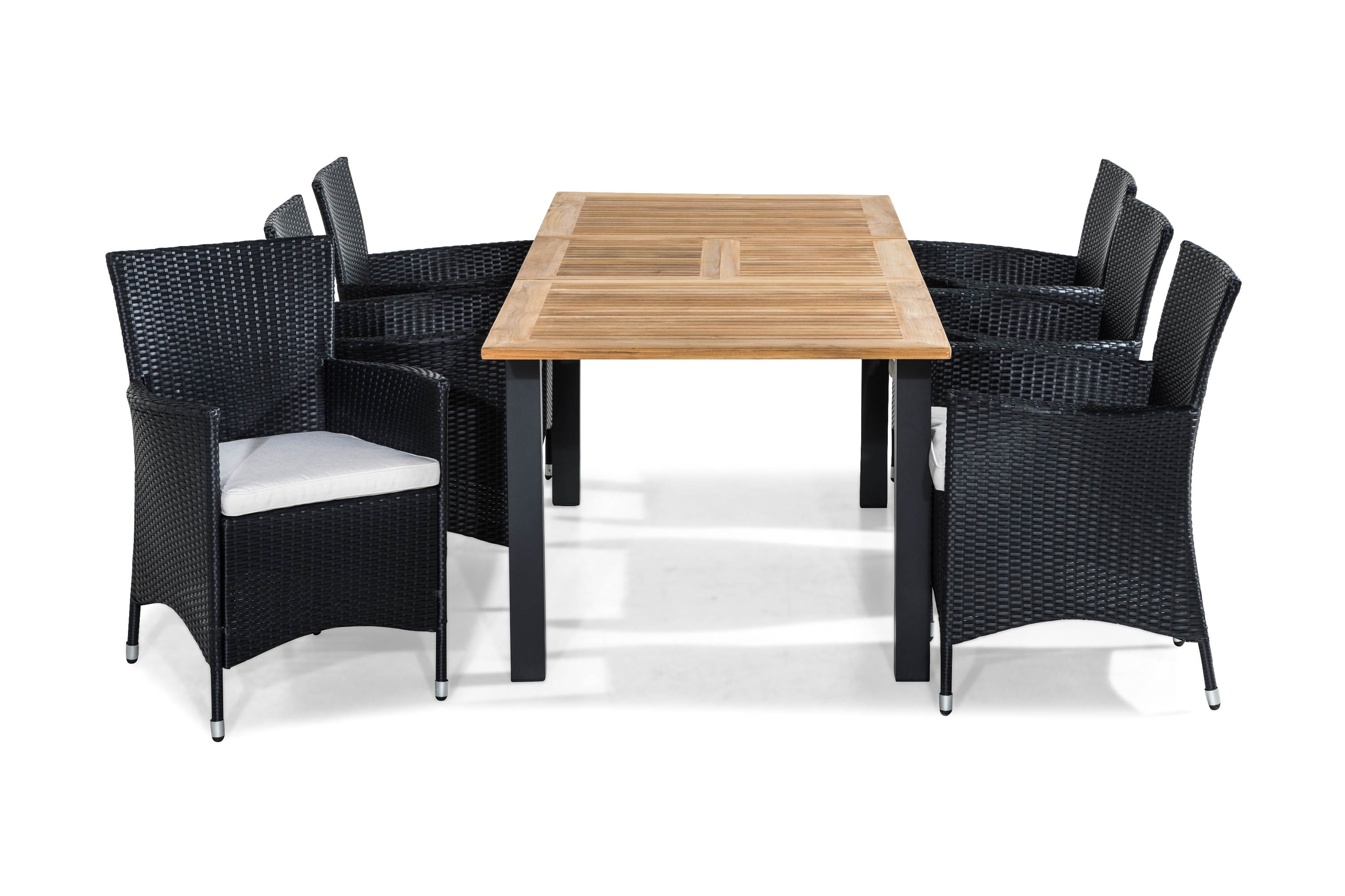 las vegas bord 152-210 teak + 6 thor fåtölj svart dyna grå -