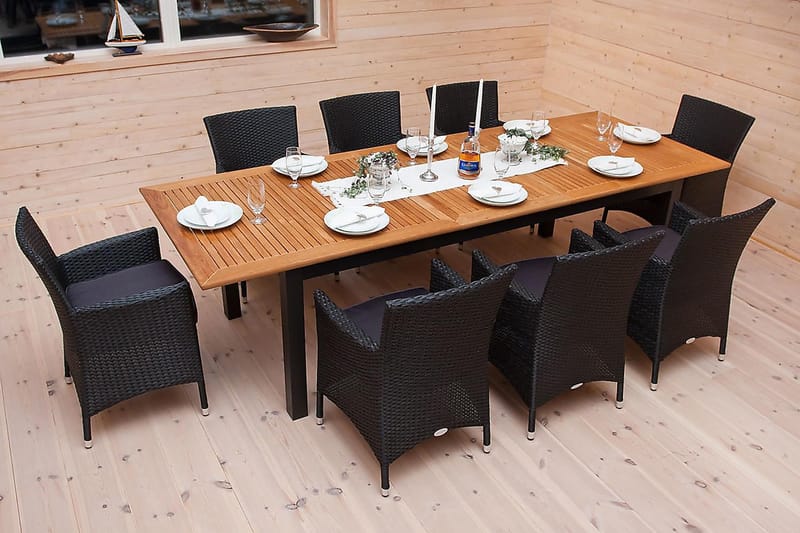 LAS VEGAS Bord 220-280 Svart/Teak + 6 THOR Fåtölj Svart - Utemöbler - Utegrupp - Matgrupper utomhus