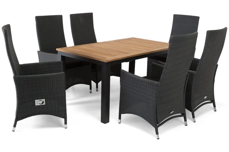 Las Vegas Matgrupp Utomhus 152-210 + 6 Jenny Ställbar Fåtölj - Teak/Svart - Utemöbler - Utegrupp - Matgrupper utomhus