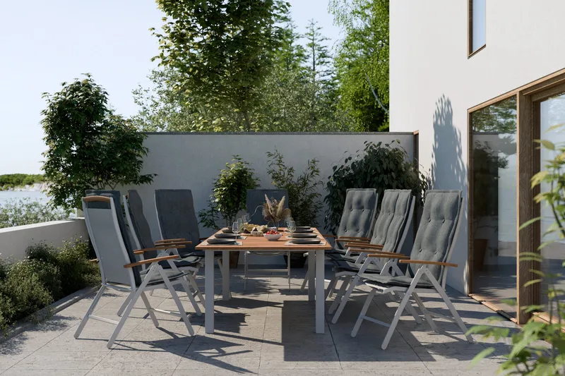 Las Vegas Matgrupp Utomhus 220-280 + 8 Positionsstol Lyx m Dyna - Vit/Teak/Vit/Teak/Grå - Utemöbler - Utegrupp - Matgrupper utomhus