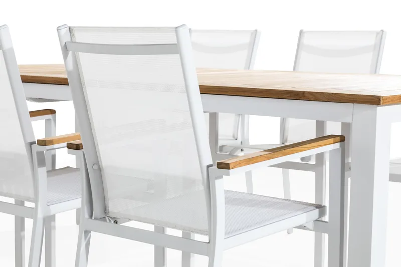 Las Vegas Matgrupp Utomhus 220-280x100 + 6 Stapelstolar - Teak/Vit - Utemöbler - Utegrupp - Matgrupper utomhus