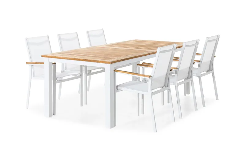 Las Vegas Matgrupp Utomhus 220-280x100 + 6 Stapelstolar - Teak/Vit - Utemöbler - Utegrupp - Matgrupper utomhus