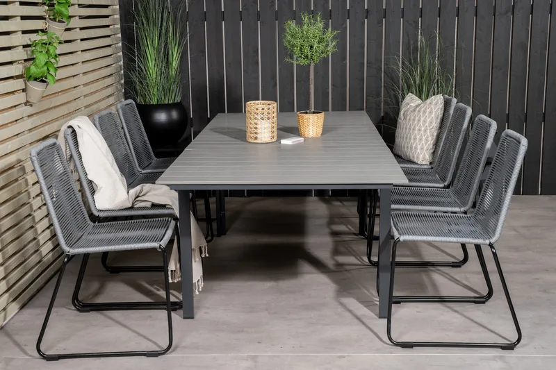 Levels Förlängningsbar Matgrupp 160cm + 8 Lindos Stolar Svar - Svart/Grå - Utemöbler - Utegrupp - Matgrupper utomhus