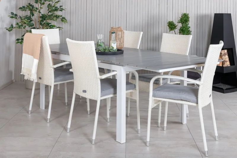 Levels Förlängningsbar Matgrupp Utomhus 160-240cm + 6 Anna Stolar - Vit/Grå - Utemöbler - Utegrupp - Matgrupper utomhus