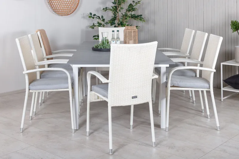 Levels Förlängningsbar Matgrupp Utomhus 160-240cm + 8 Anna Stolar, Vit/Grå
