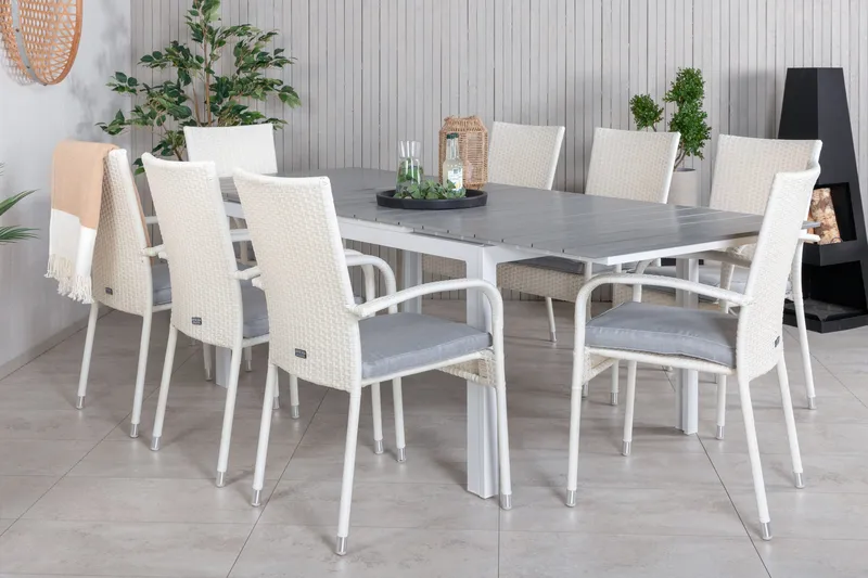 Levels Förlängningsbar Matgrupp Utomhus 160-240cm + 8 Anna Stolar - Vit/Grå - Utemöbler - Utegrupp - Matgrupper utomhus
