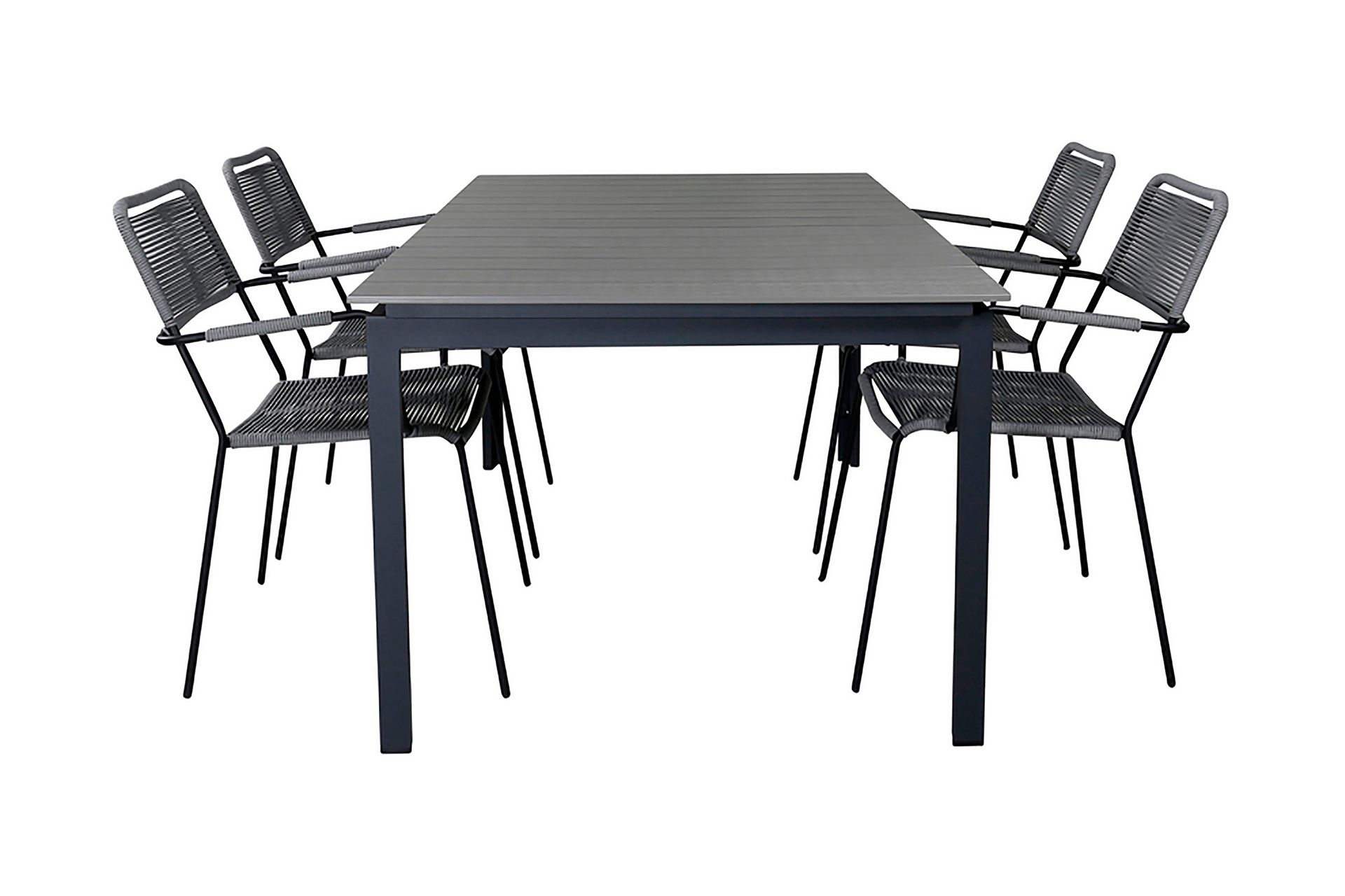 levels förlängningsbar matgrupp utomhus 160cm + 4 lindos stolar - svart/grå