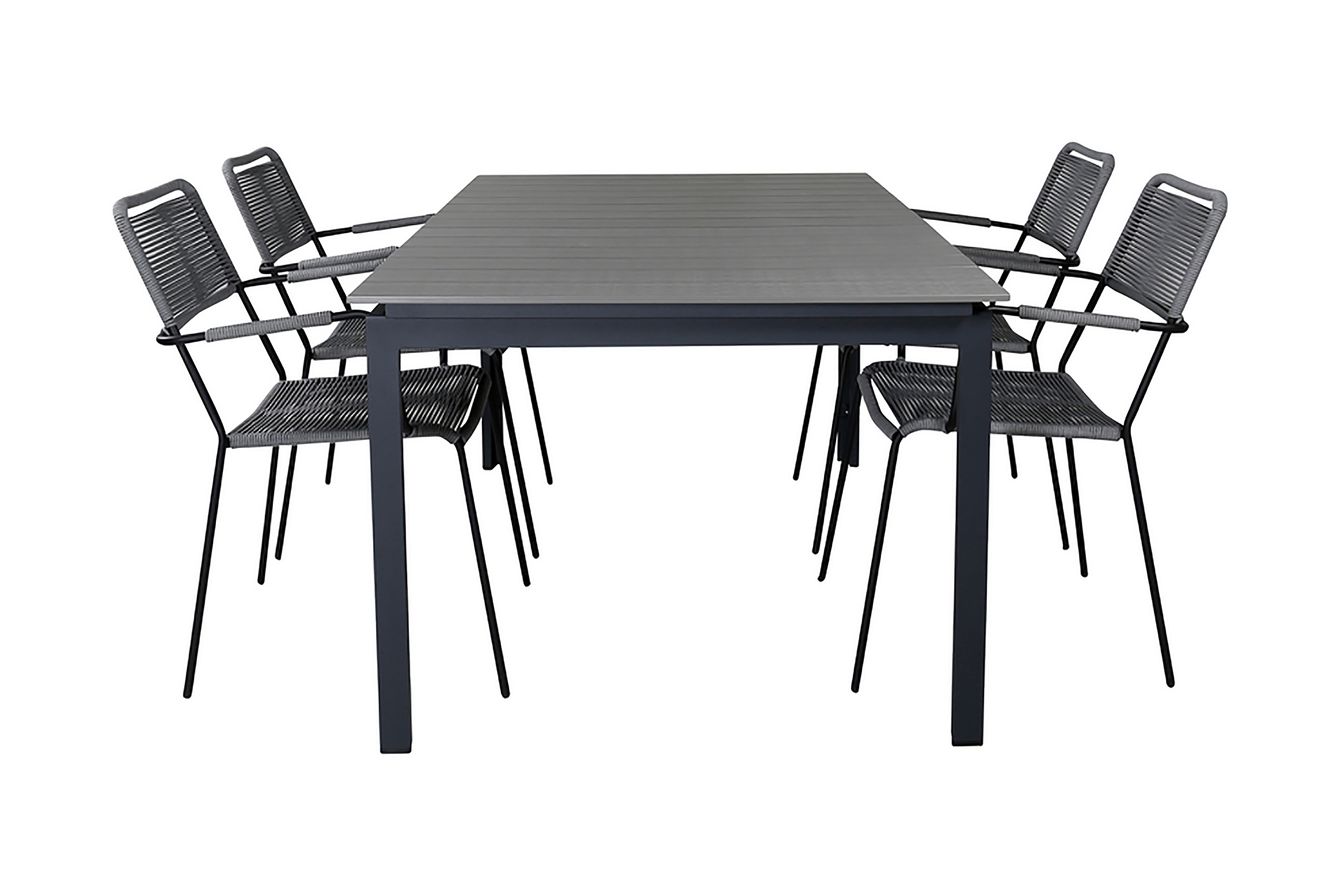 levels förlängningsbar matgrupp utomhus 160cm + 4 lindos stolar - svart/grå