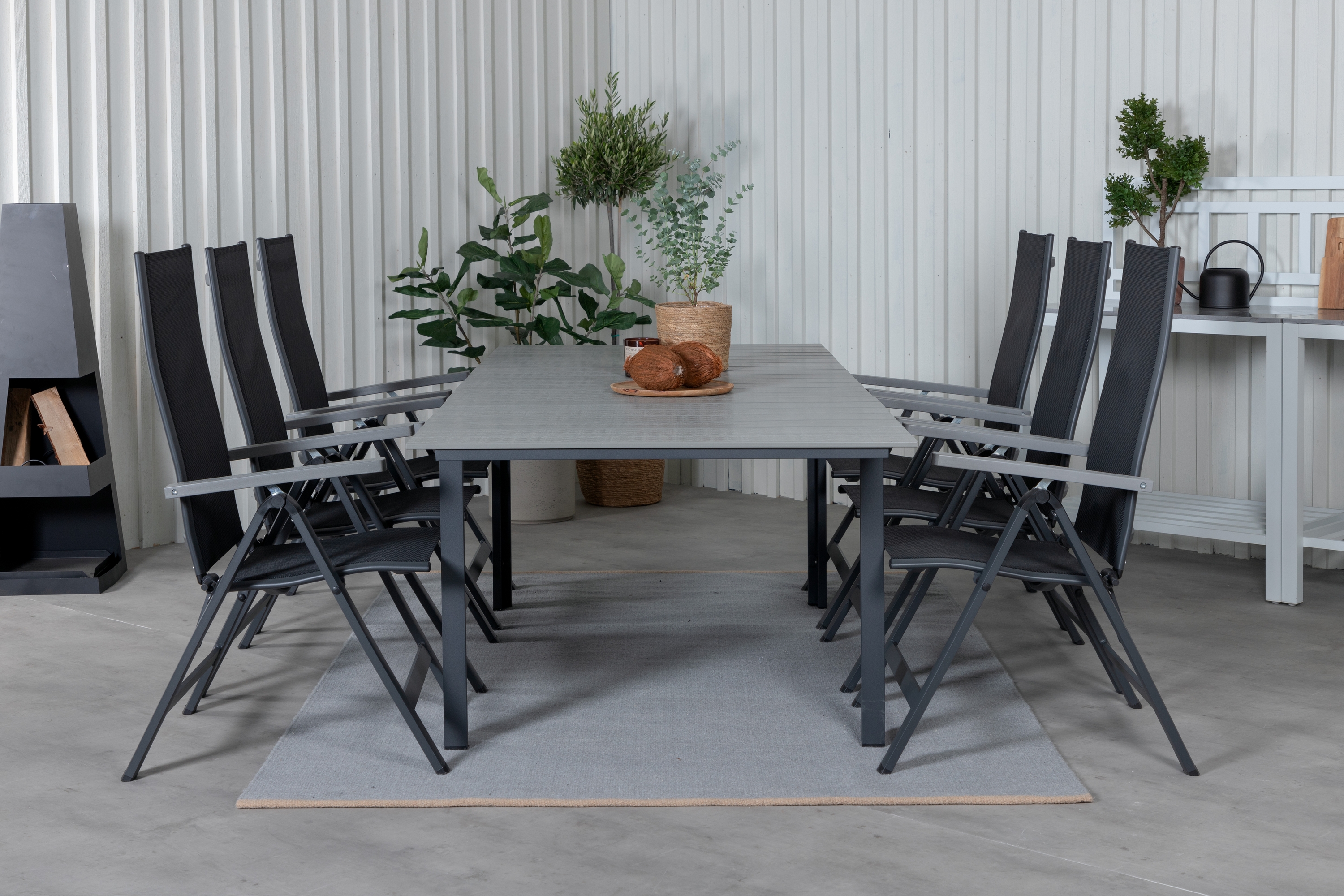 levels förlängningsbar matgrupp utomhus 160cm + 6 albany stolar - svart/grå