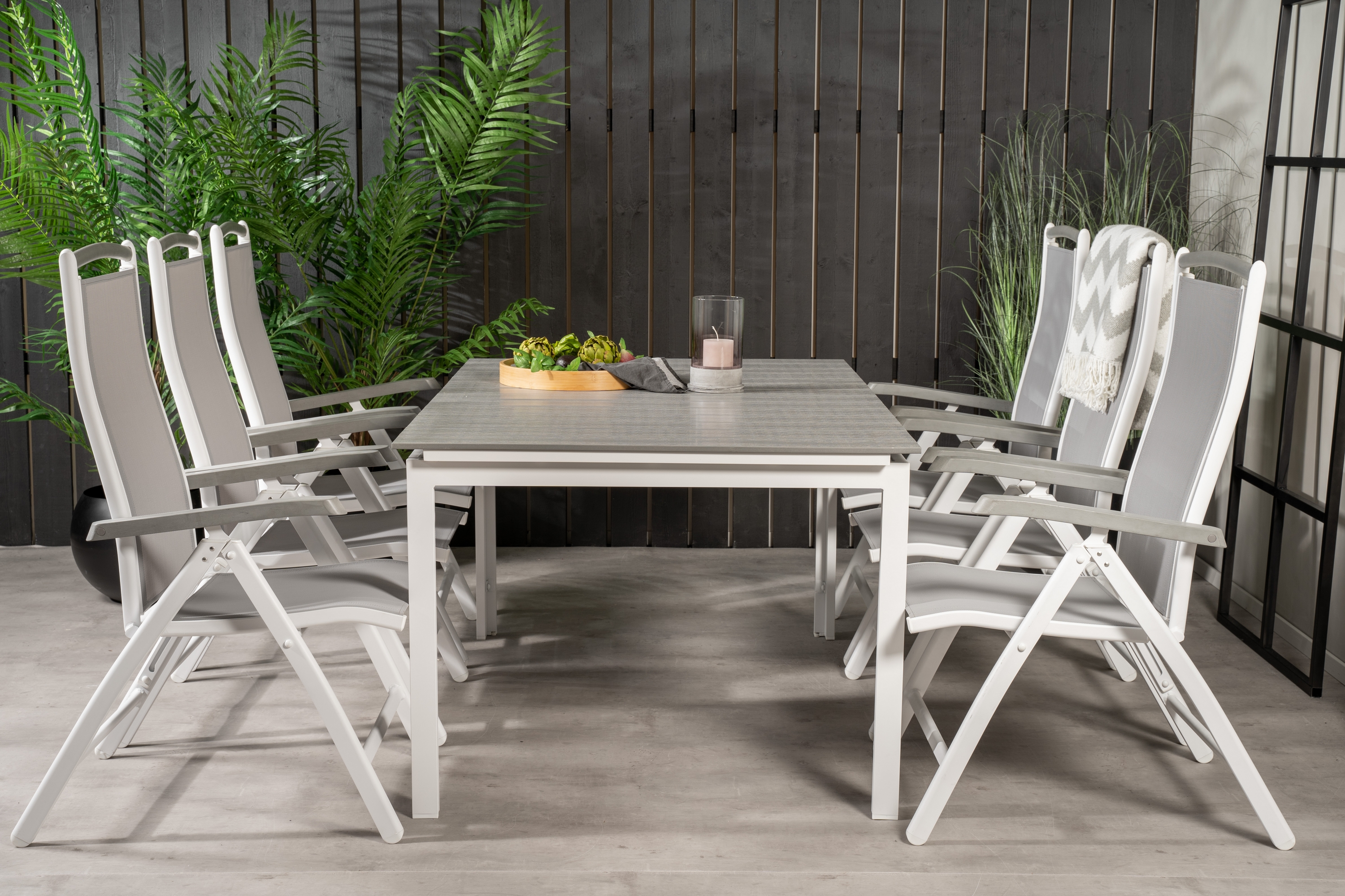 levels förlängningsbar matgrupp utomhus 160cm + 6 albany stolar - vit/grå