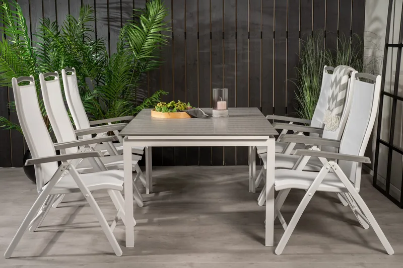 Levels Förlängningsbar Matgrupp Utomhus 160cm + 6 Albany Stolar, Vit/Grå