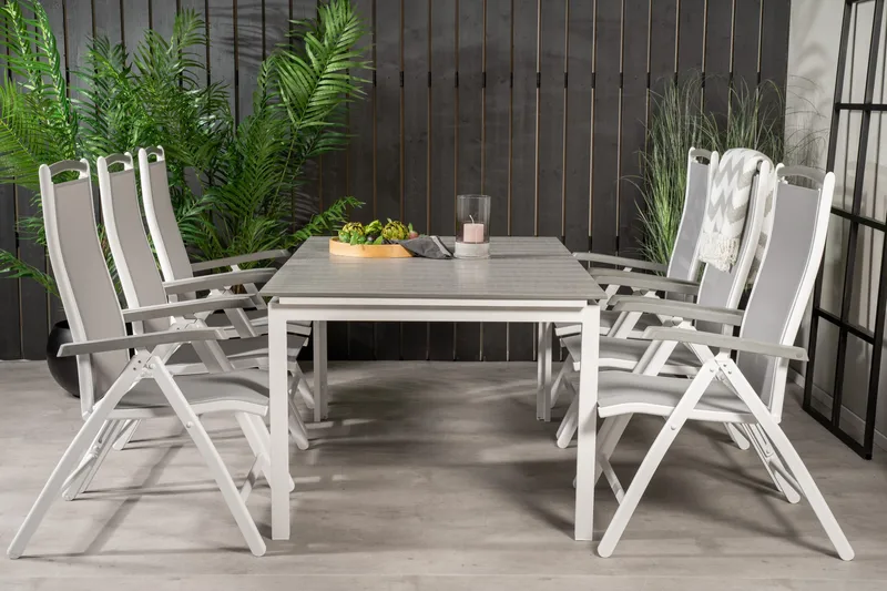 Levels Förlängningsbar Matgrupp Utomhus 160cm + 6 Albany Stolar, Vit/Grå