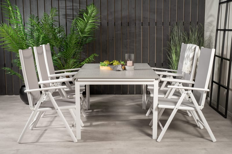 Levels Förlängningsbar Matgrupp Utomhus 160cm + 6 Break Matstolar, Vit/Grå