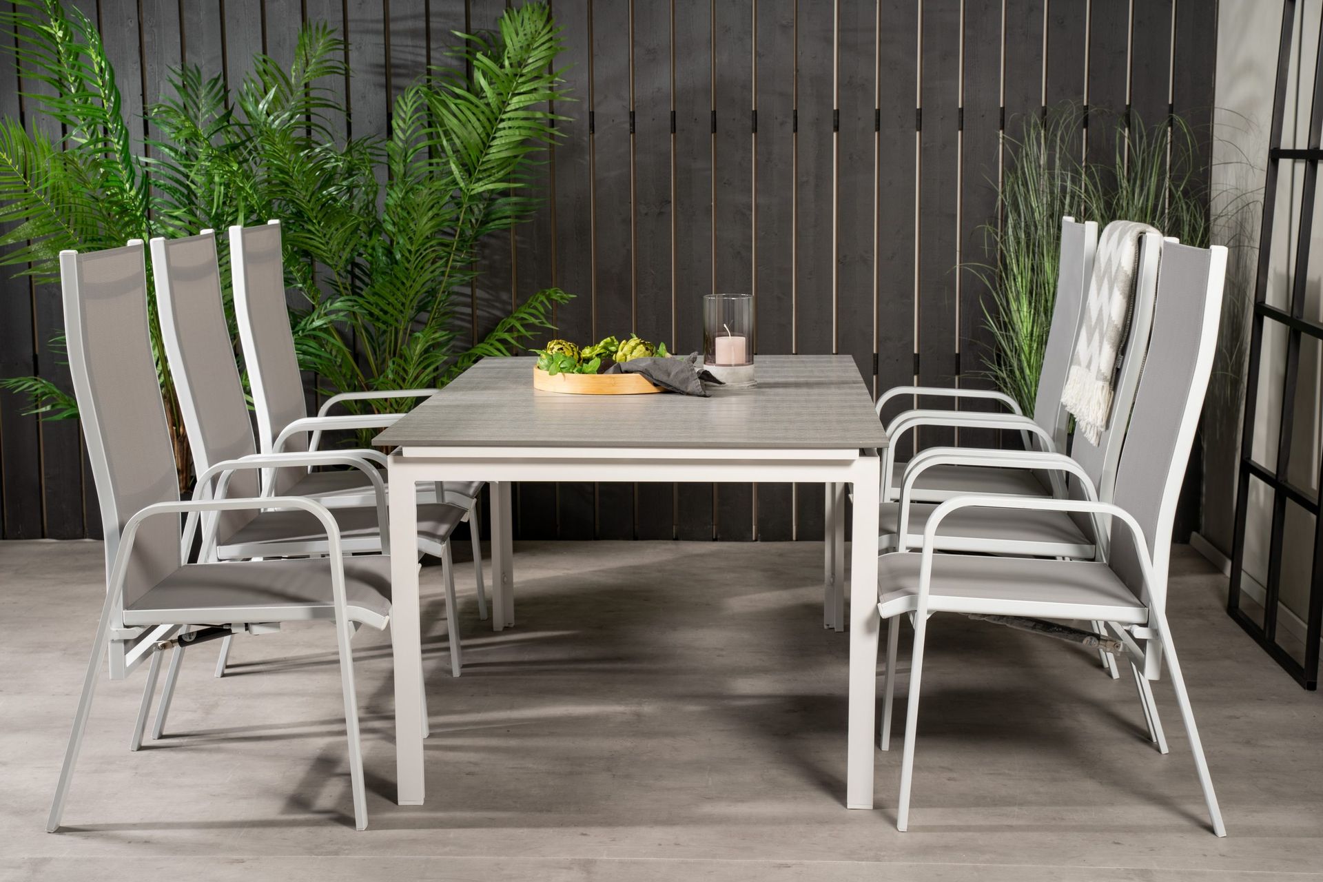 levels förlängningsbar matgrupp utomhus 160cm + 6 copacabana stolar - vit