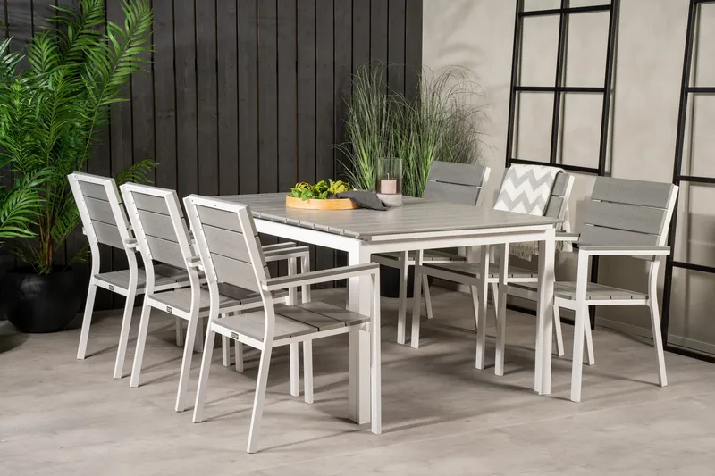 Levels Förlängningsbar Matgrupp Utomhus 160cm + 6 Matstolar - Vit/Grå - Utemöbler - Utegrupp - Matgrupper utomhus