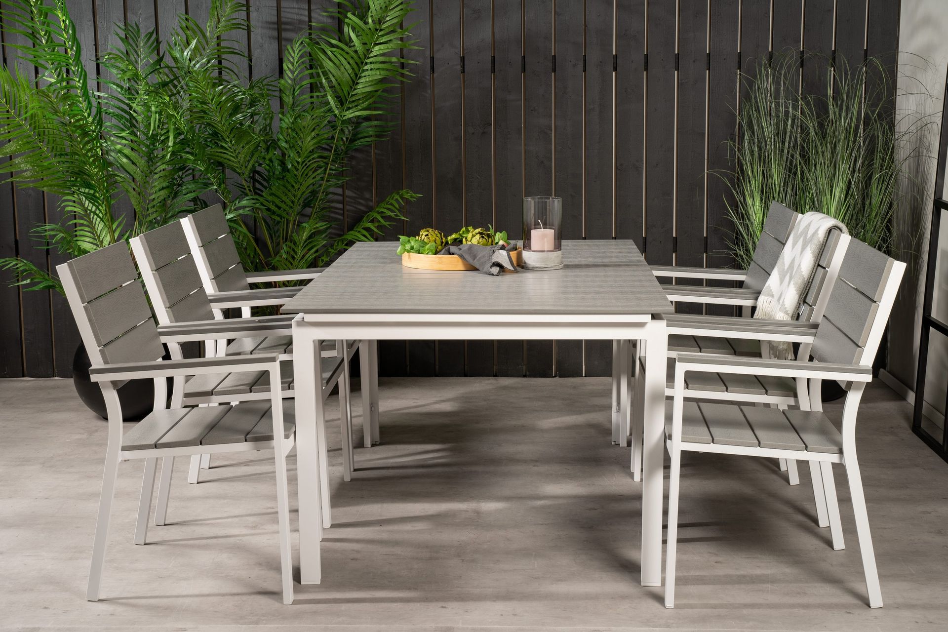 Levels F&ouml;rl&auml;ngningsbar Matgrupp Utomhus 160cm + 6 Matstolar - Vit/Gr&aring;