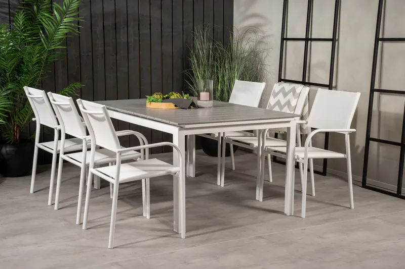 Levels Förlängningsbar Matgrupp Utomhus 160cm + 6 Santorini Stolar - Vit/Grå - Utemöbler - Utegrupp - Matgrupper utomhus