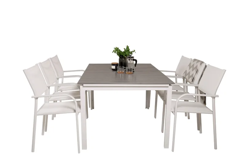 Levels Förlängningsbar Matgrupp Utomhus 160cm + 6 Santorini Stolar - Vit/Grå - Utemöbler - Utegrupp - Matgrupper utomhus