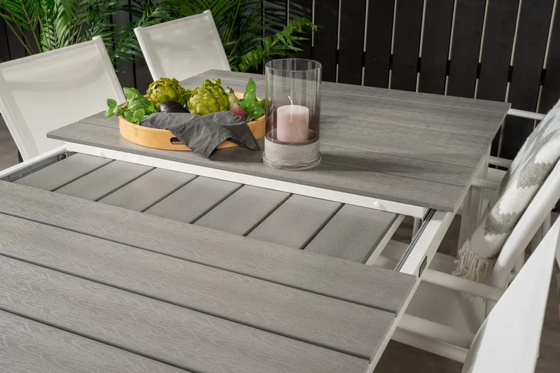 Levels Förlängningsbar Matgrupp Utomhus 160cm + 6 Santorini Stolar - Vit/Grå - Utemöbler - Utegrupp - Matgrupper utomhus