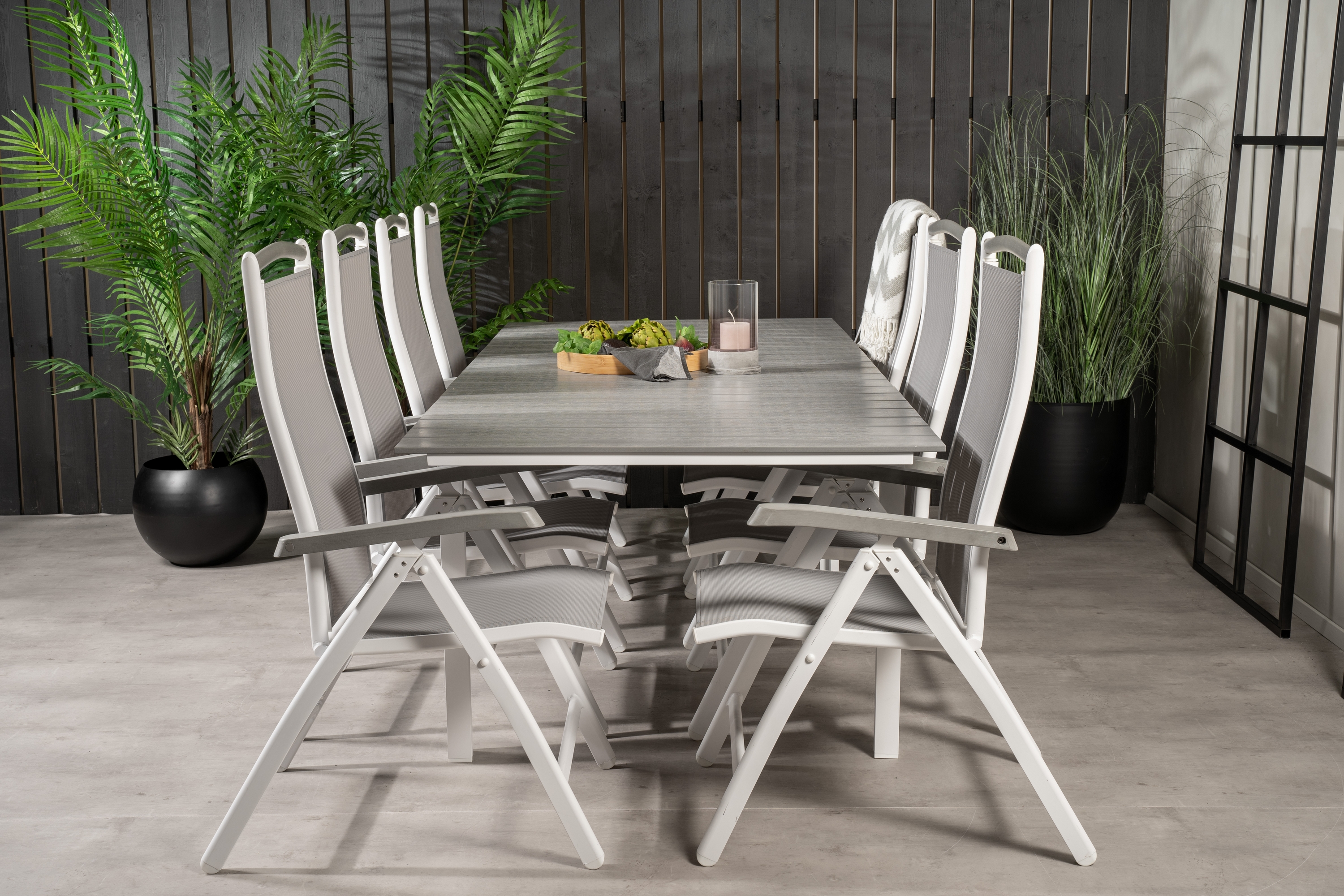 levels förlängningsbar matgrupp utomhus 160cm + 8 albany stolar - vit/grå