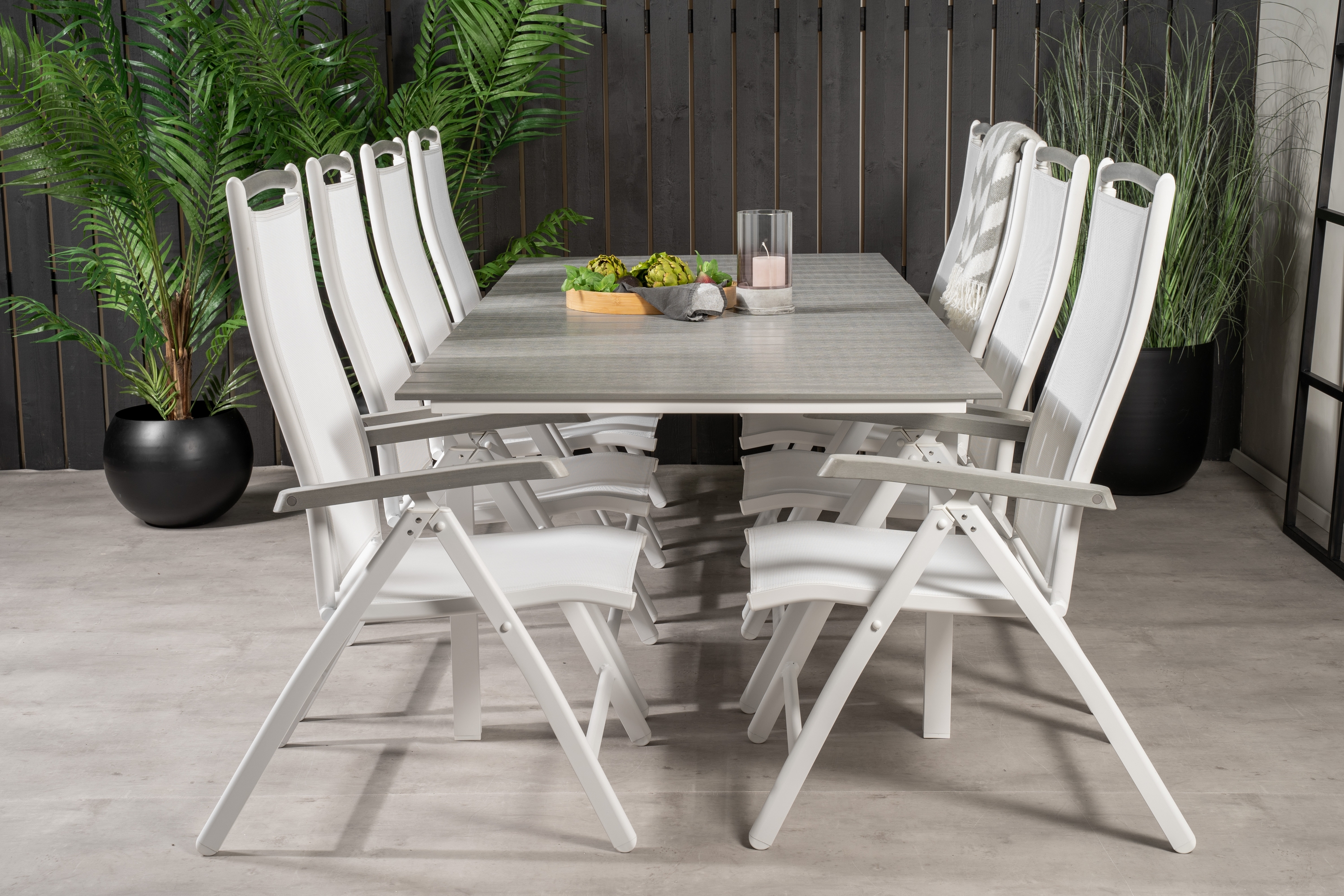 levels förlängningsbar matgrupp utomhus 160cm + 8 albany stolar - vit/grå