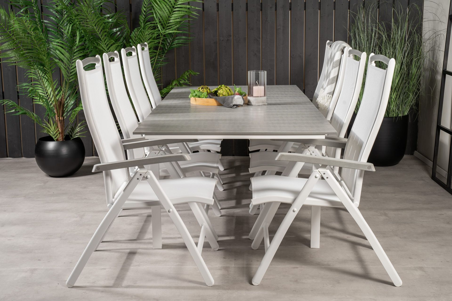 levels förlängningsbar matgrupp utomhus 160cm + 8 albany stolar - vit/grå
