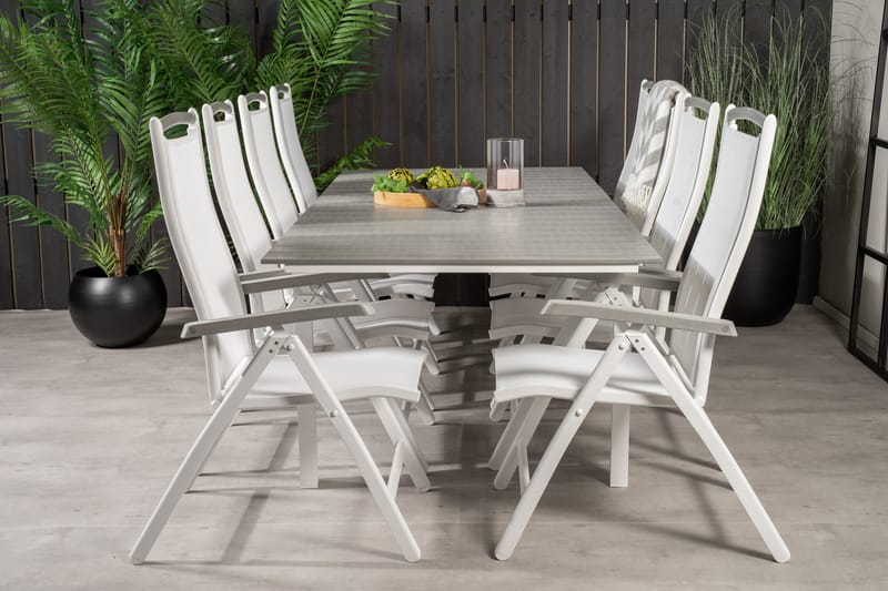 Levels Förlängningsbar Matgrupp Utomhus 160cm + 8 Albany Stolar, Vit/Grå