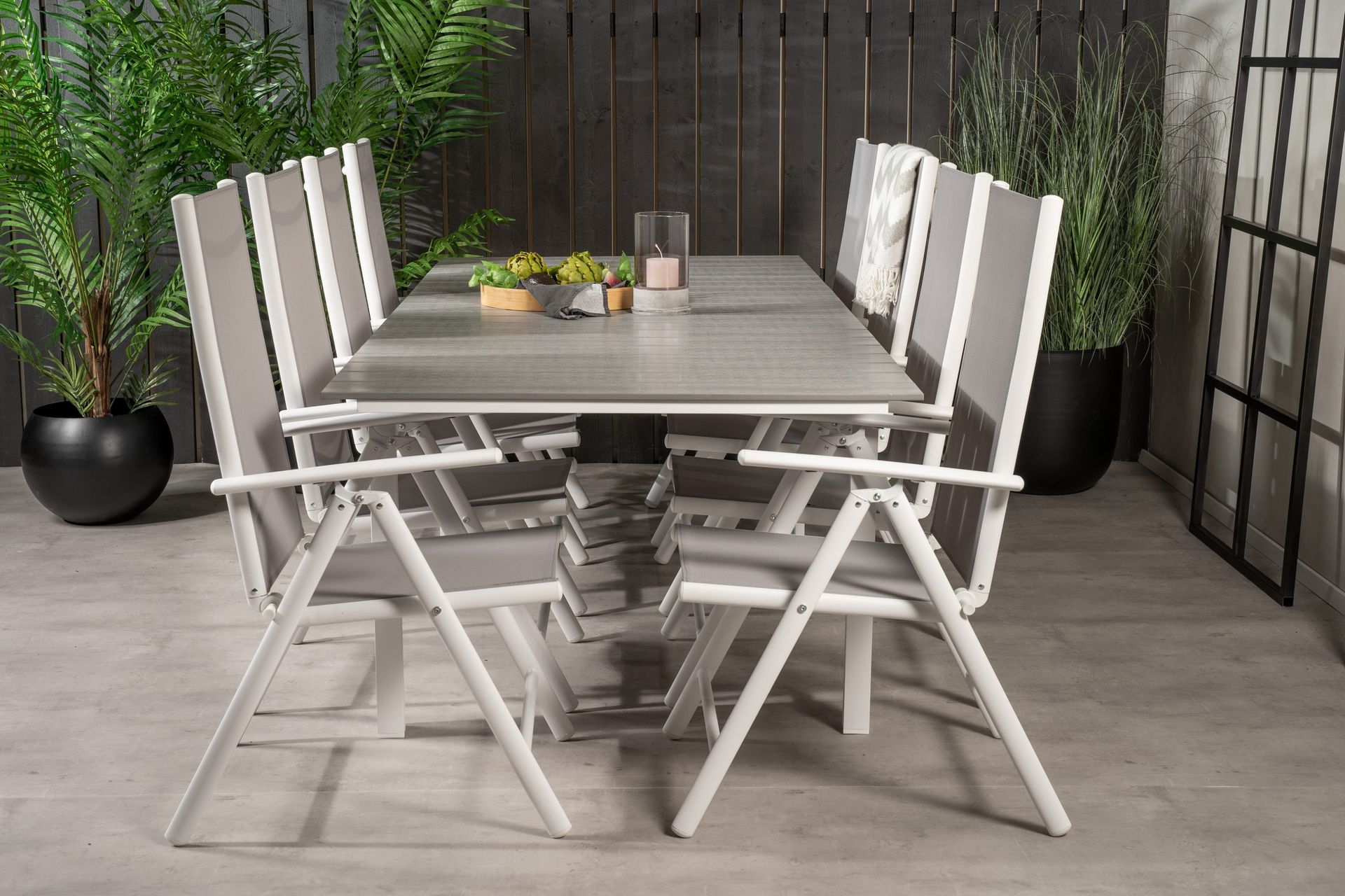 levels förlängningsbar matgrupp utomhus 160cm + 8 break matstolar - vit/grå