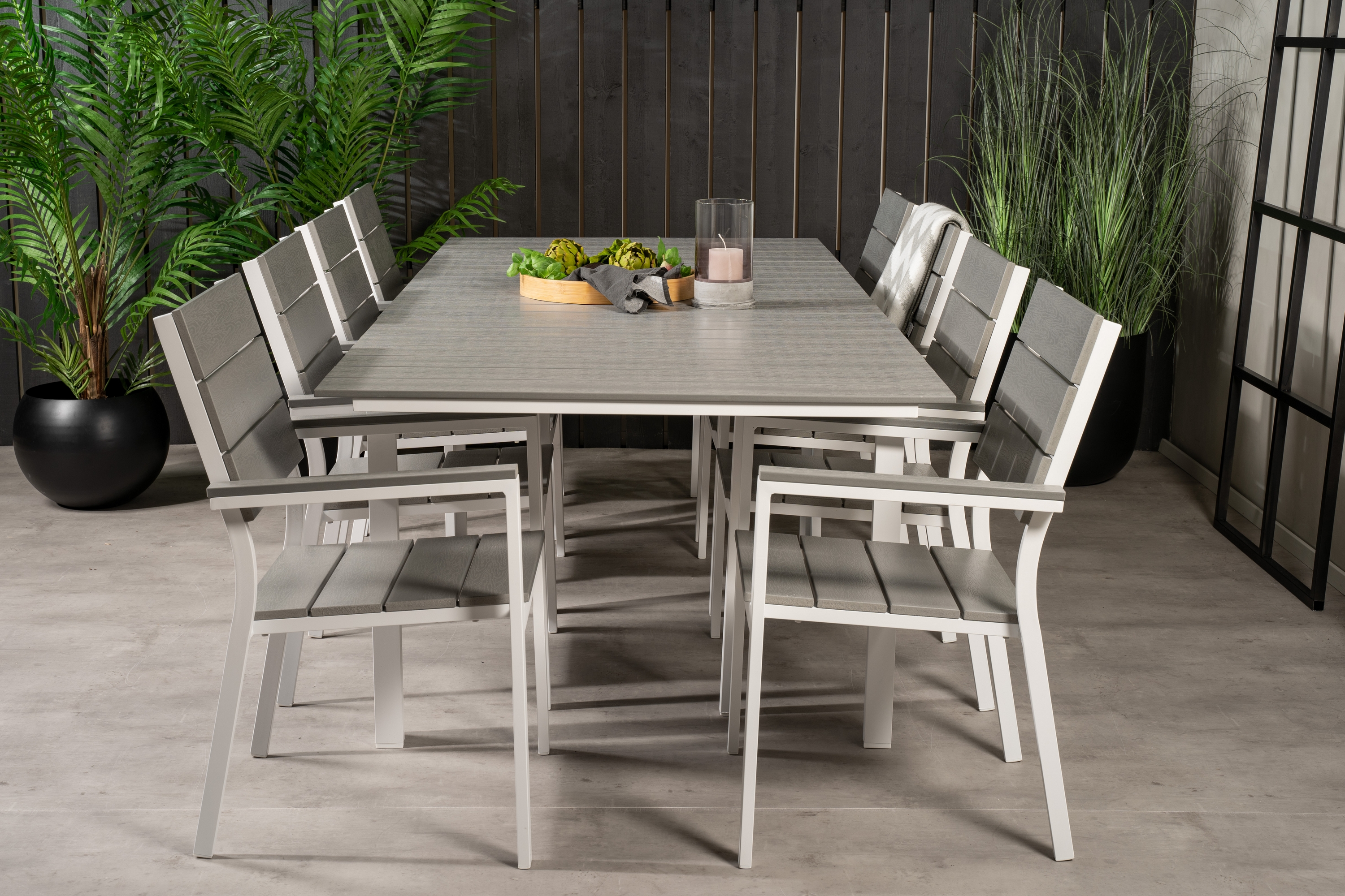 levels förlängningsbar matgrupp utomhus 160cm + 8 matstolar - vit/grå
