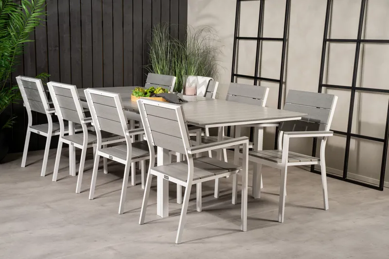 Levels Förlängningsbar Matgrupp Utomhus 160cm + 8 Matstolar - Vit/Grå - Utemöbler - Utegrupp - Matgrupper utomhus