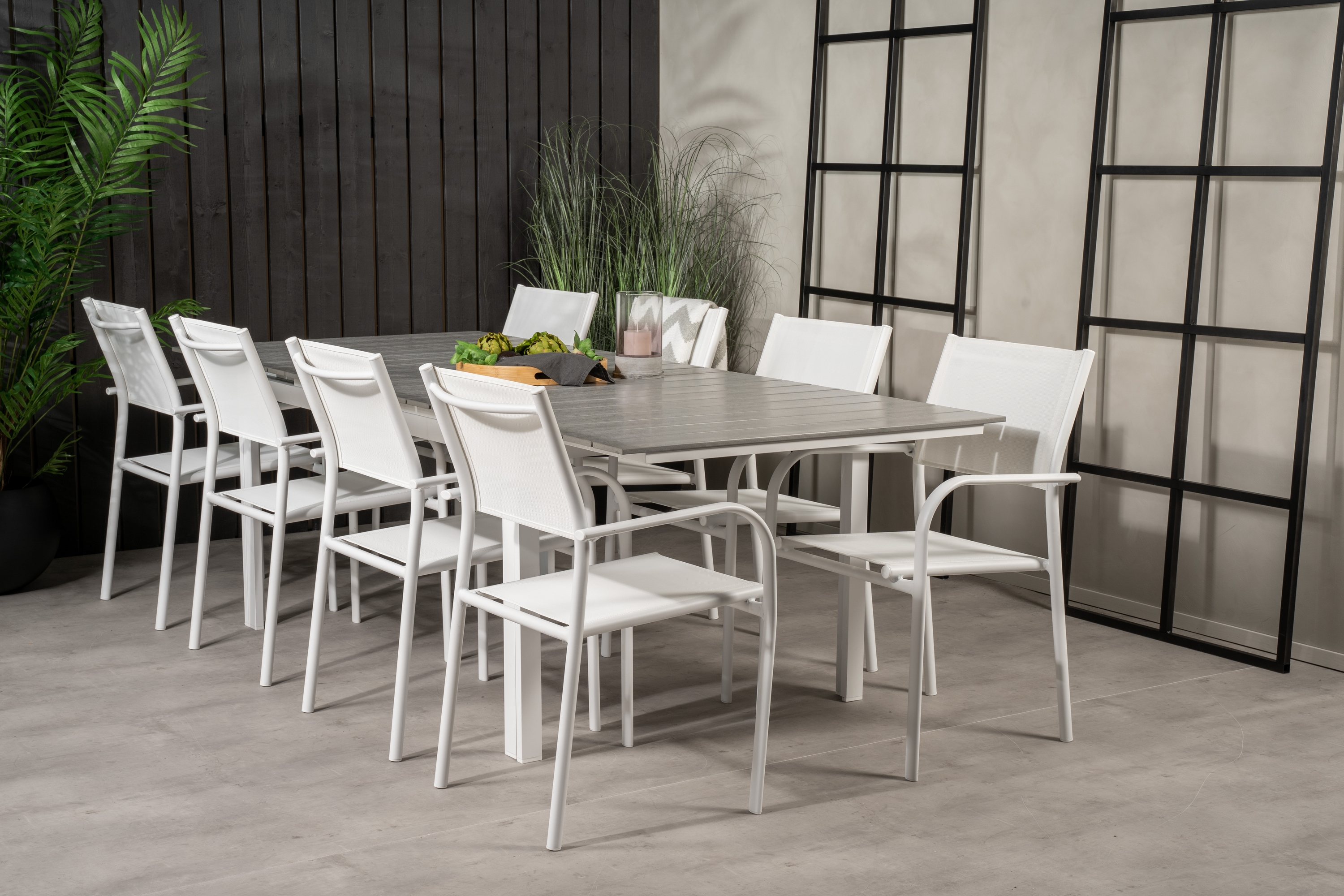 levels förlängningsbar matgrupp utomhus 160cm + 8 santorini stolar - vit/grå