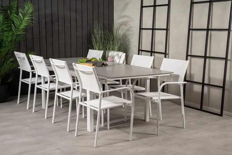 Levels Förlängningsbar Matgrupp Utomhus 160cm + 8 Santorini Stolar, Vit/Grå