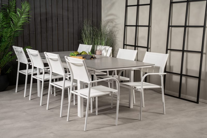 Levels Förlängningsbar Matgrupp Utomhus 160cm + 8 Santorini Stolar, Vit/Grå