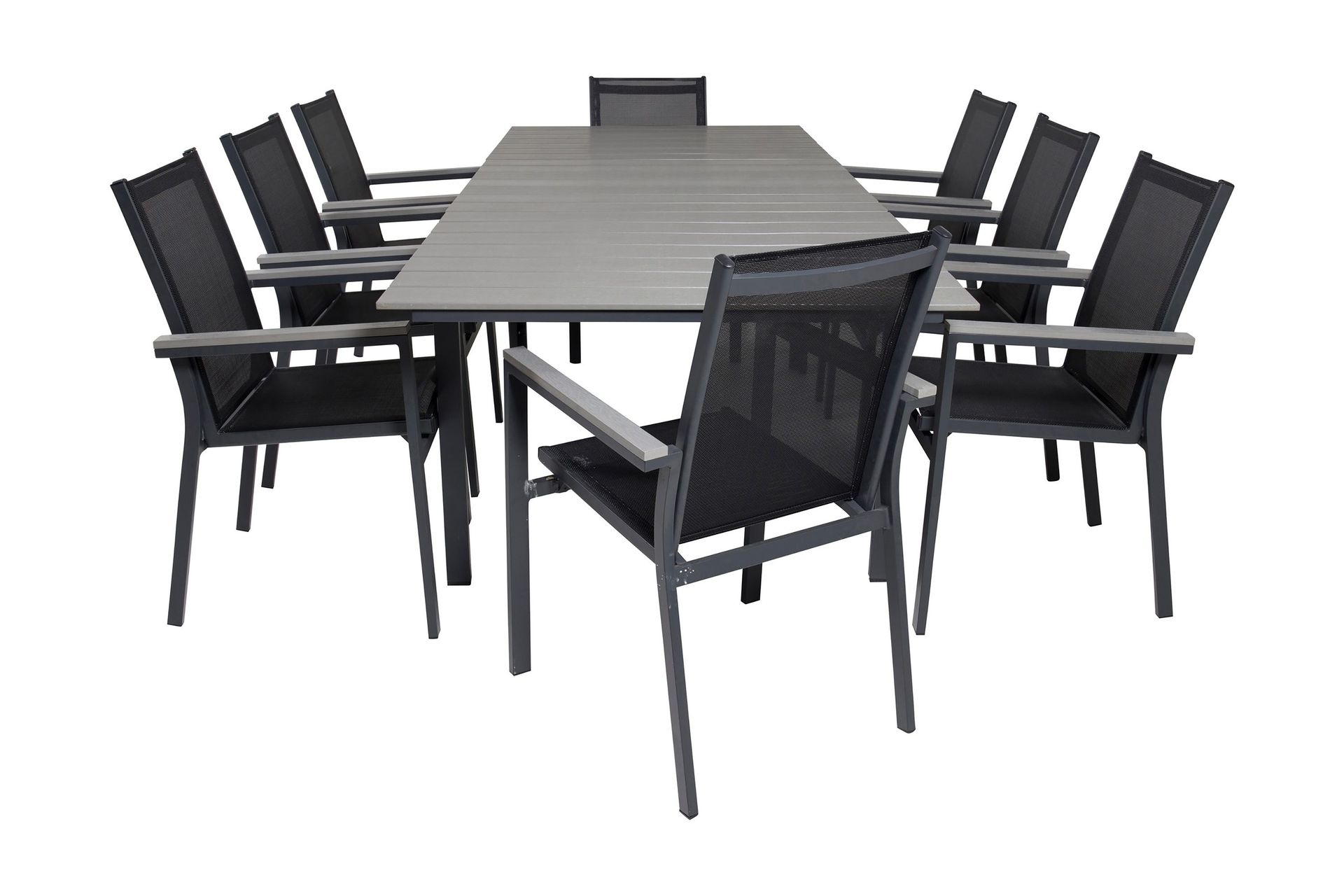 levels förlängningsbar matgrupp utomhus 160cm + 8 parma stolar - grå/svart