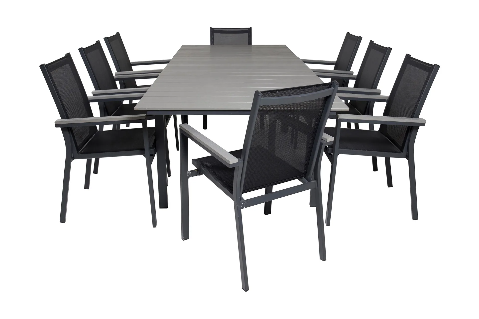Levels F&ouml;rl&auml;ngningsbar Matgrupp Utomhus 160cm + 8 Parma Stolar - Gr&aring;/Svart