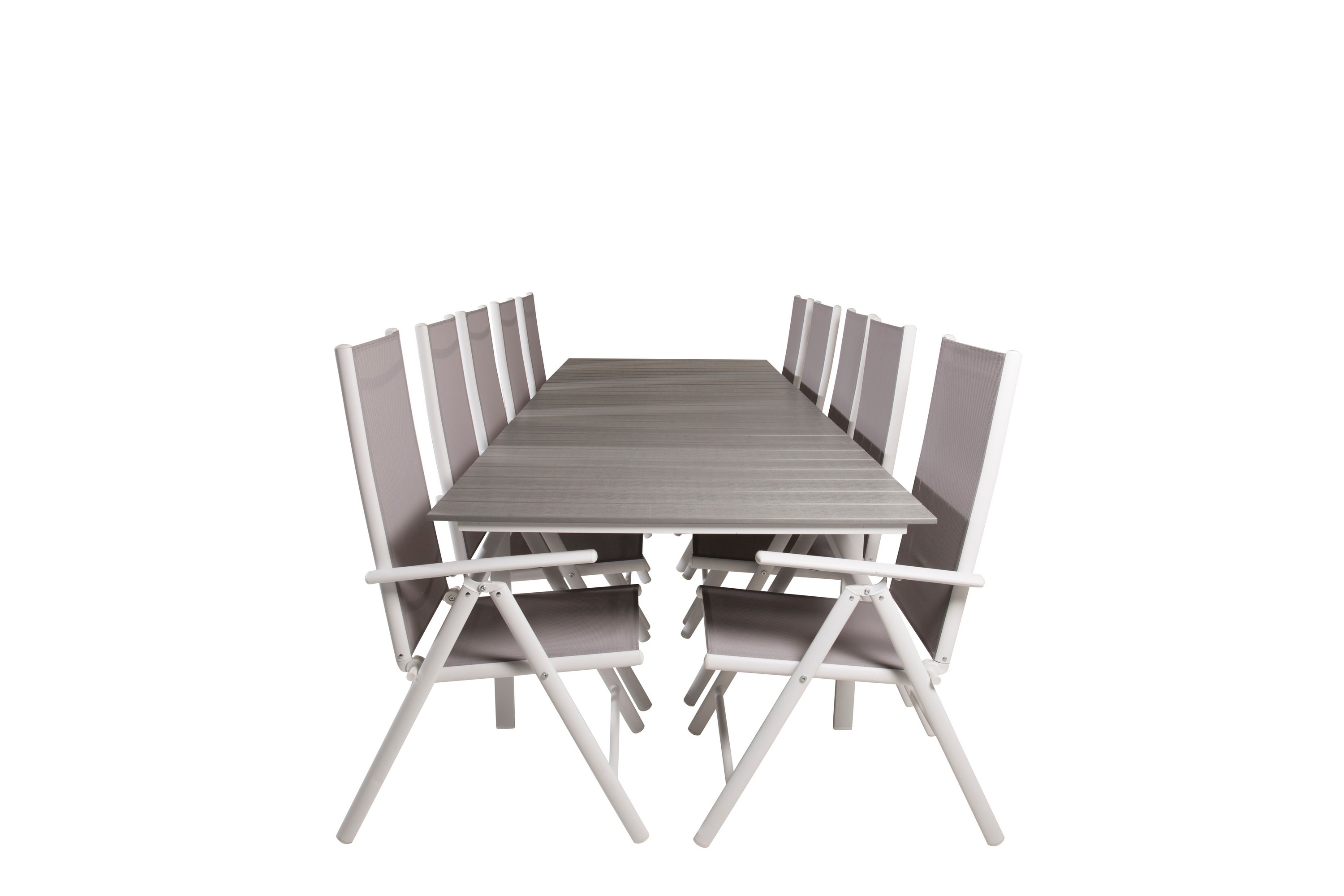levels förlängningsbar matgrupp utomhus 224cm + 10 break stolar - grå/vit