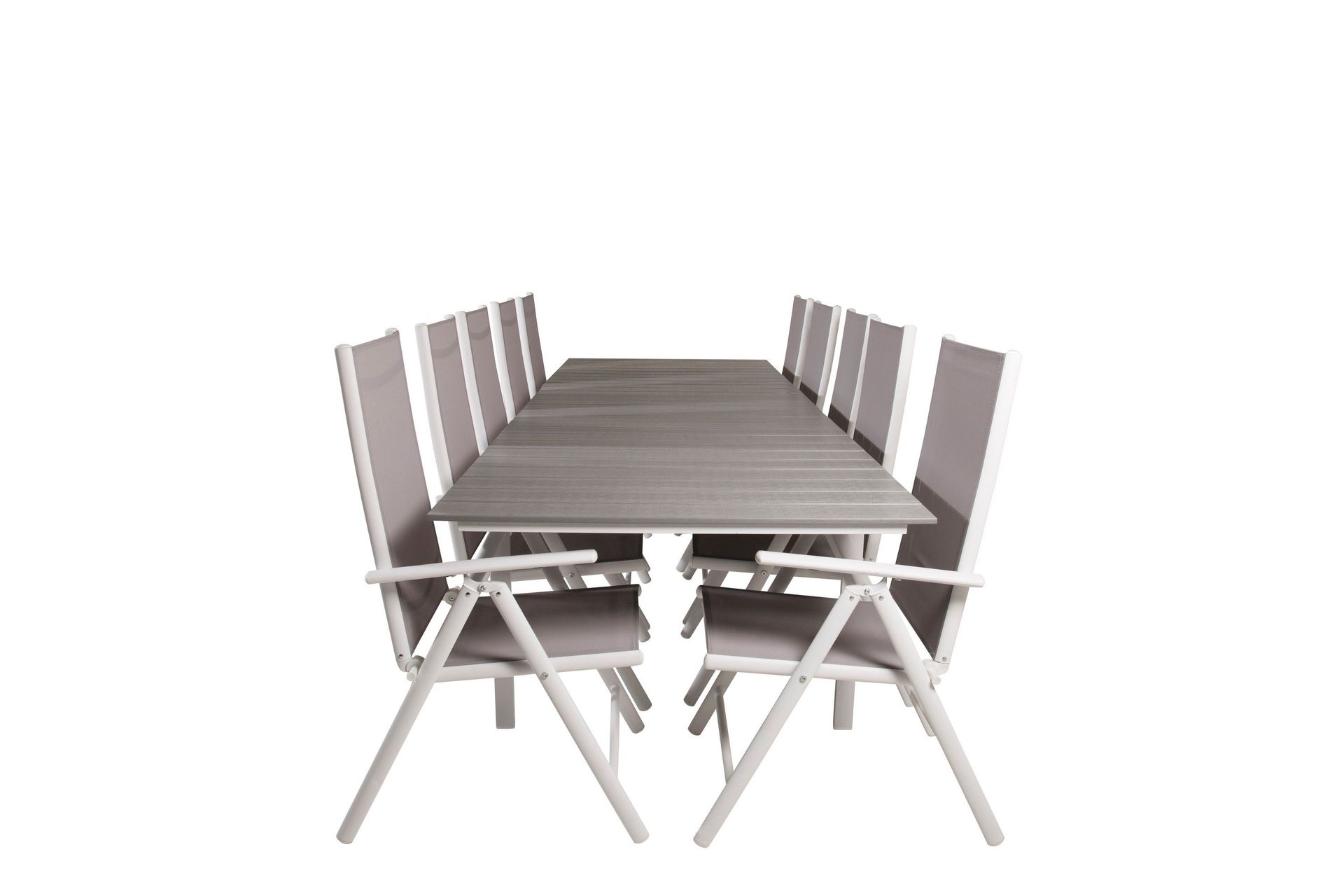 Levels F&ouml;rl&auml;ngningsbar Matgrupp Utomhus 224cm + 10 Break Stolar - Gr&aring;/Vit