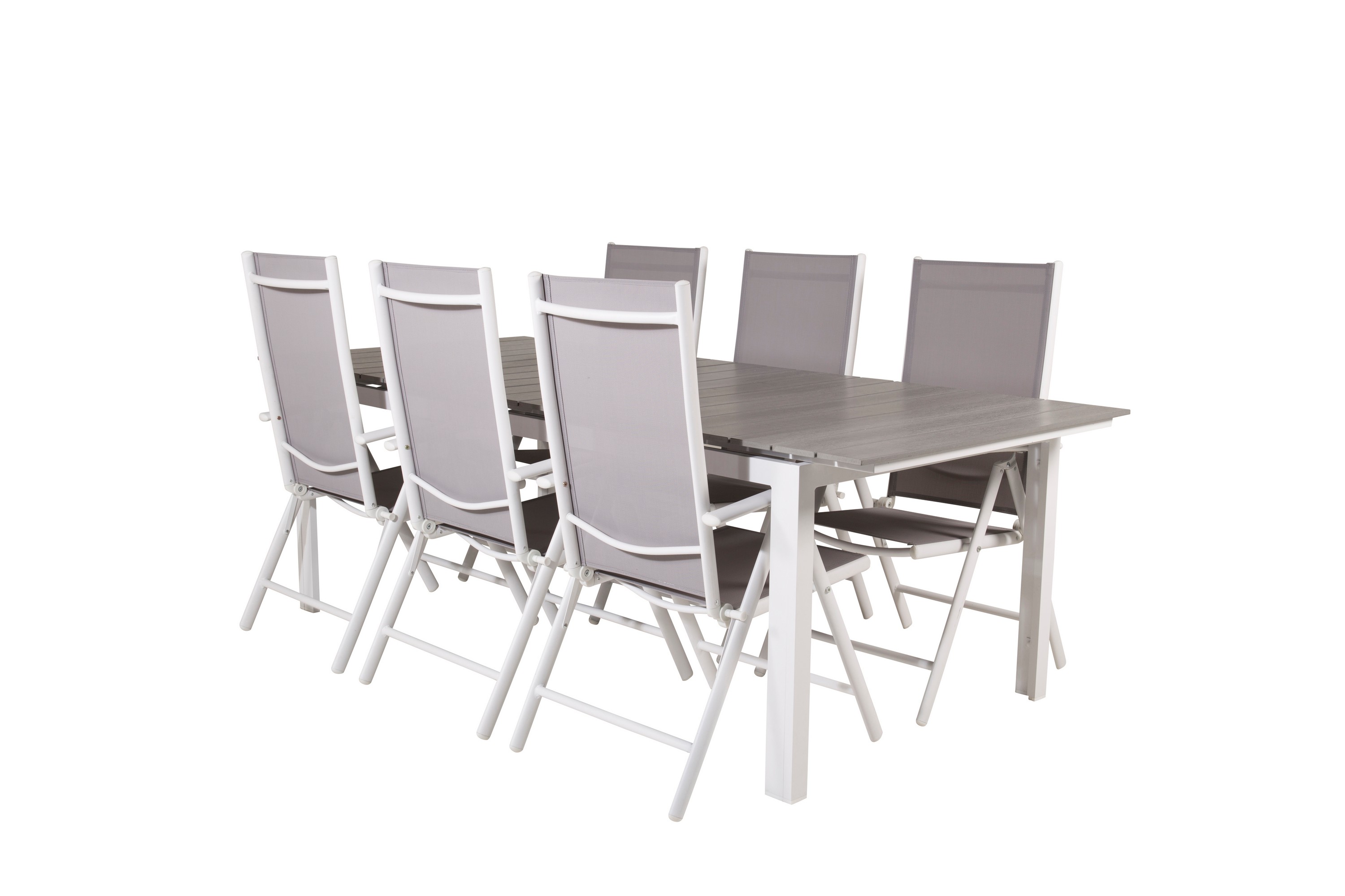 levels förlängningsbar matgrupp utomhus 224cm + 6 break matstolar - grå/vit