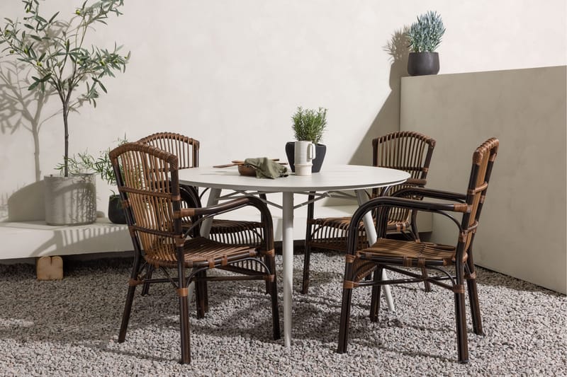 Lina Matgrupp Rund 120 cm + 4 st Galera Karmstolar Brun/Vit - Brun/Vit - Utemöbler - Utegrupp - Matgrupper utomhus