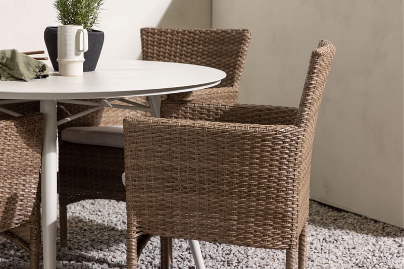 Lina Matgrupp Utomhus Rund 120 cm + 4 st Malina Karmstolar - Brun/Vit - Utemöbler - Utegrupp - Matgrupper utomhus