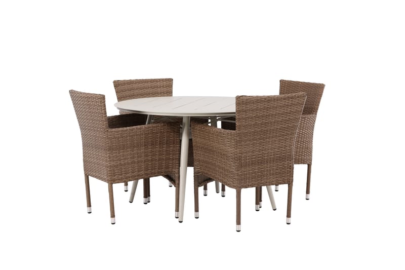 Lina Matgrupp Utomhus Rund 120 cm + 4 st Malina Karmstolar - Brun/Vit - Utemöbler - Utegrupp - Matgrupper utomhus