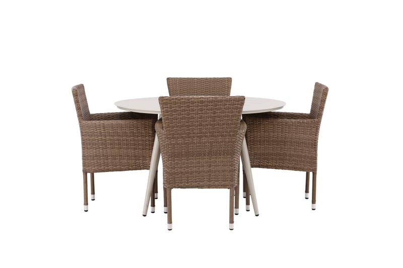 Lina Matgrupp Utomhus Rund 120 cm + 4 st Malina Karmstolar - Brun/Vit - Utemöbler - Utegrupp - Matgrupper utomhus