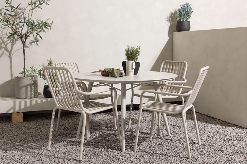 Lina Matgrupp Utomhus Rund 120 cm + 4 st Peking Karmstolar - Beige/Vit - Utemöbler - Utegrupp - Matgrupper utomhus