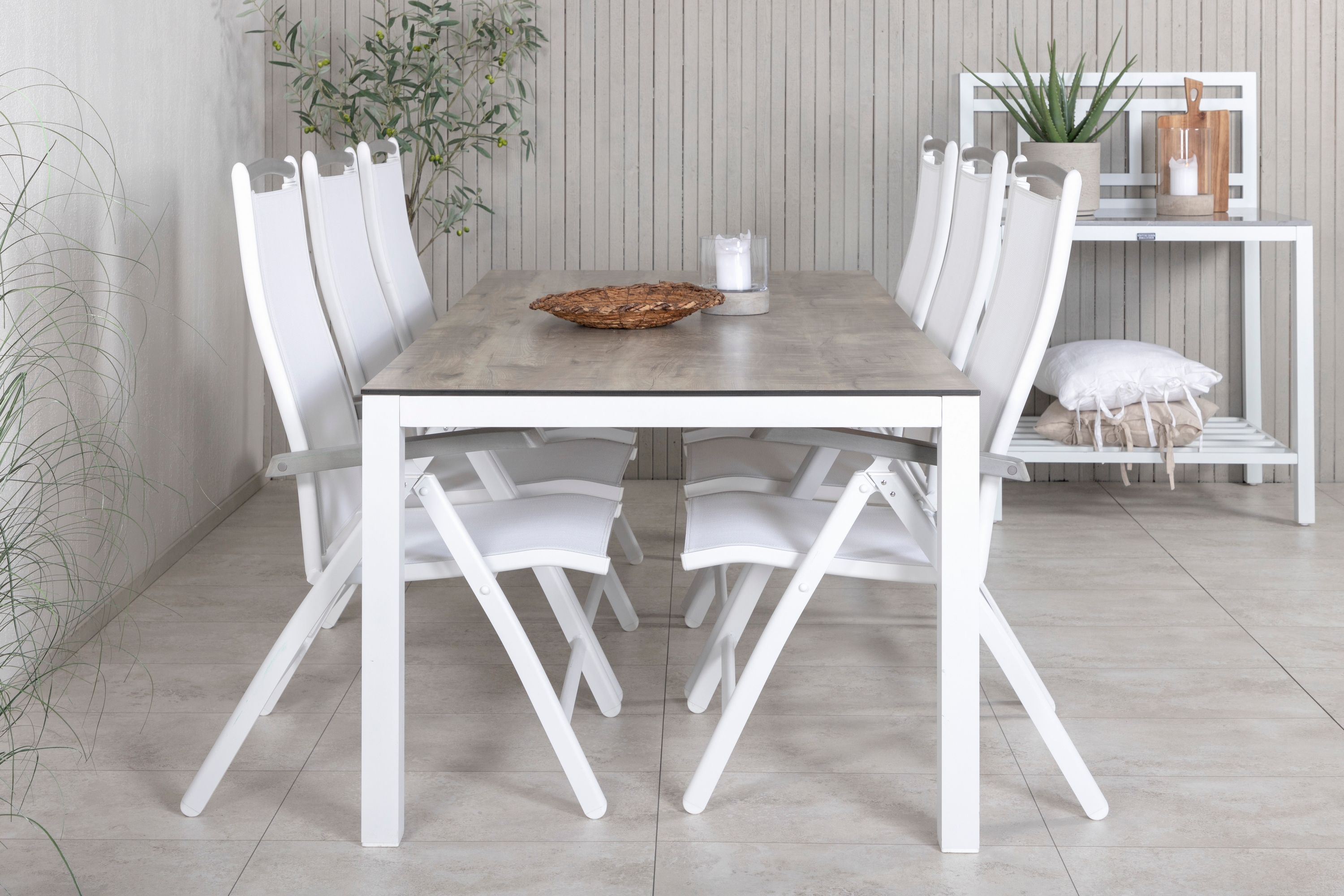 llama matgrupp utomhus 205cm + 6 albany positionsstolar - vit/grå