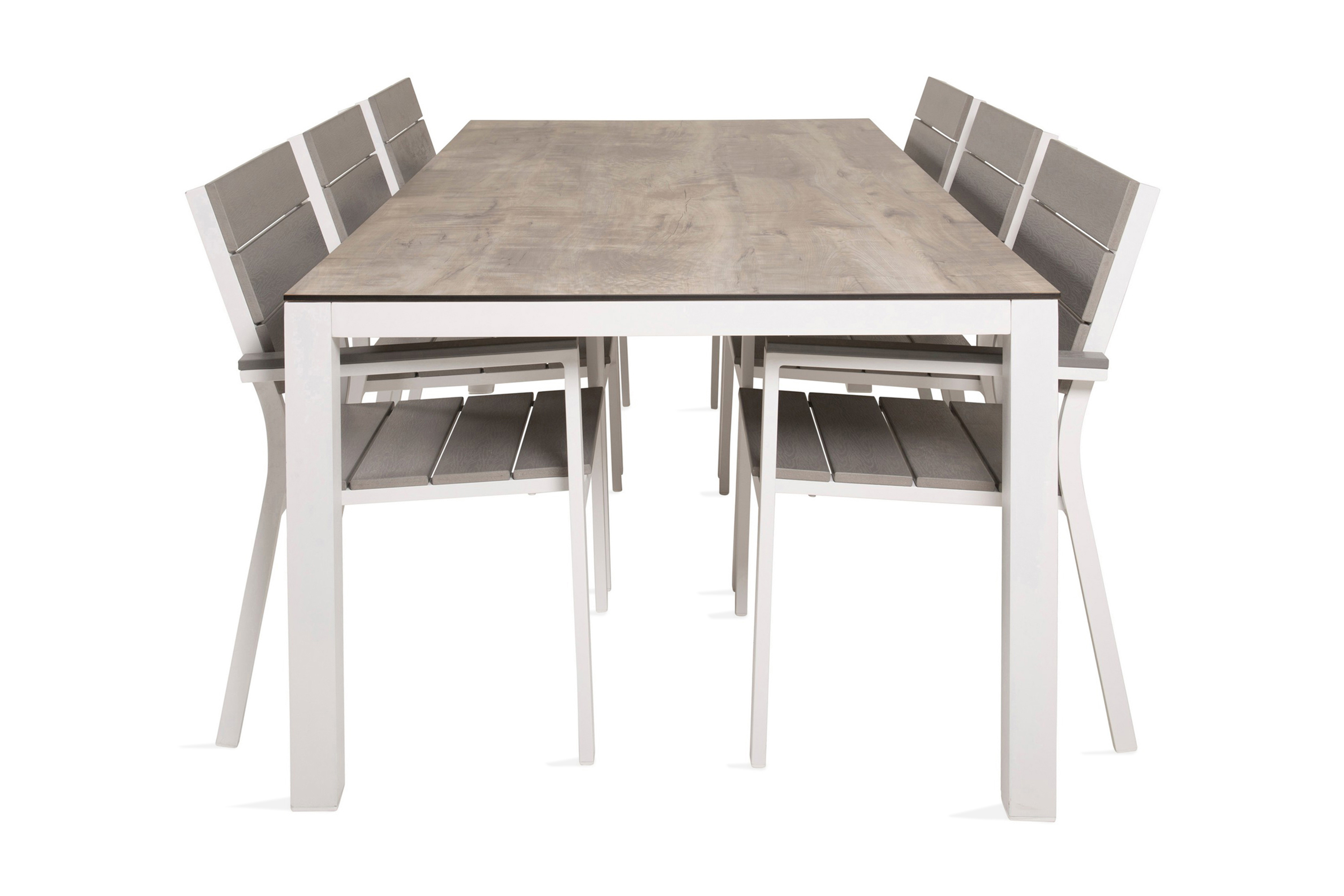 llama matgrupp utomhus 205cm + 6 levels stapelbara matstolar - vit/grå