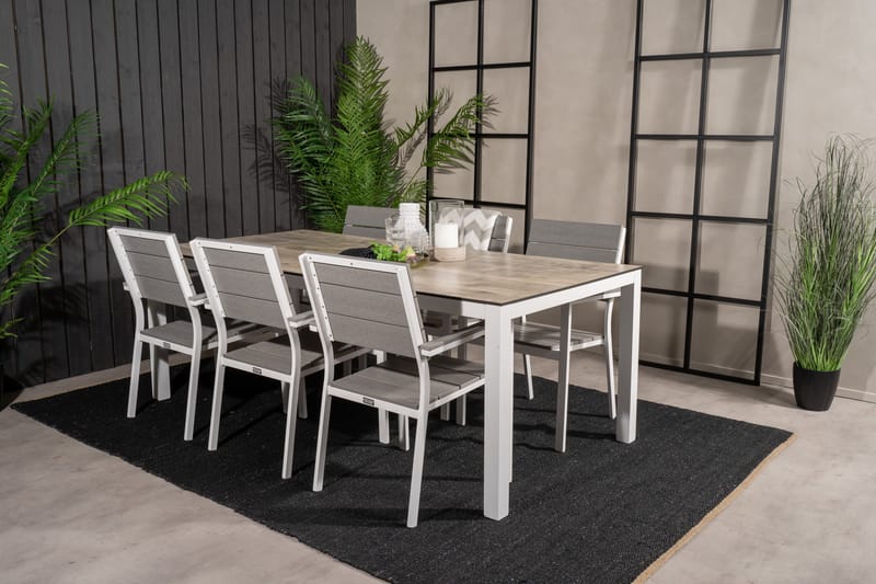 Llama Matgrupp Utomhus 205cm + 6 Levels Stapelbara Matstolar - Vit/Grå - Utemöbler - Utegrupp - Matgrupper utomhus