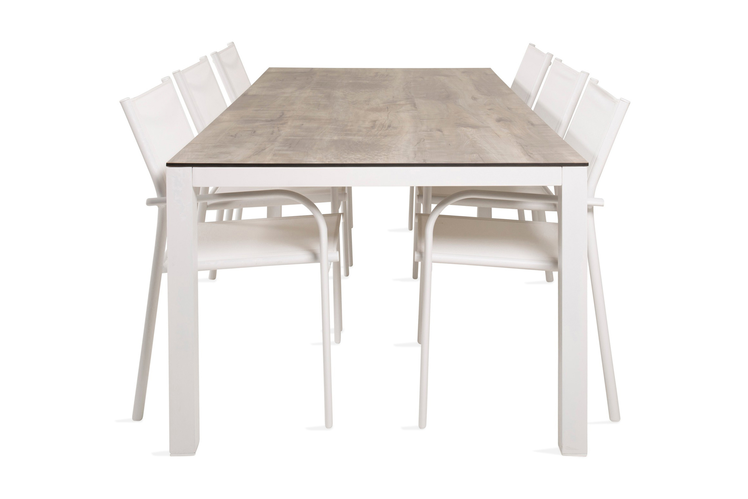 llama matgrupp utomhus 205cm + 6 santorini karmstolar - vit/grå