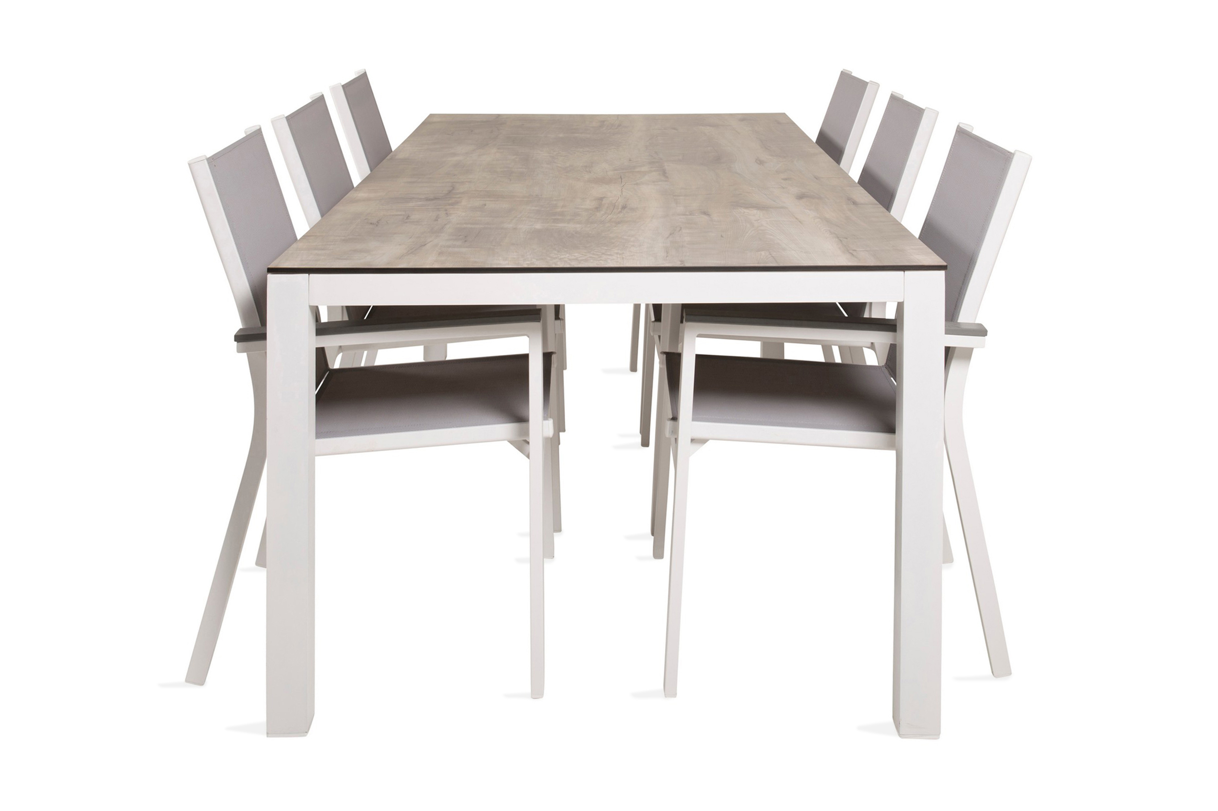 llama matgrupp utomhus 205cm + 6 parma karmstolar - vit/grå