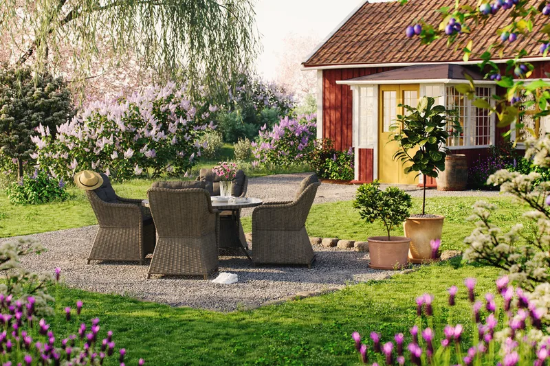 Marcus Matgrupp 140 Rund + 4 Fåtöljer m Dyna - Grå - Utemöbler - Utegrupp - Matgrupper utomhus